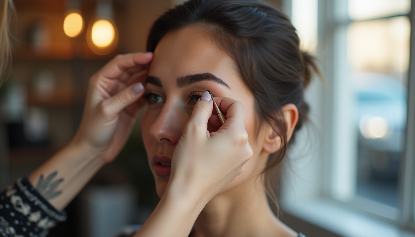 Femeie zâmbitoare cu sprâncene perfect stilizate într-un salon de înfrumusețare