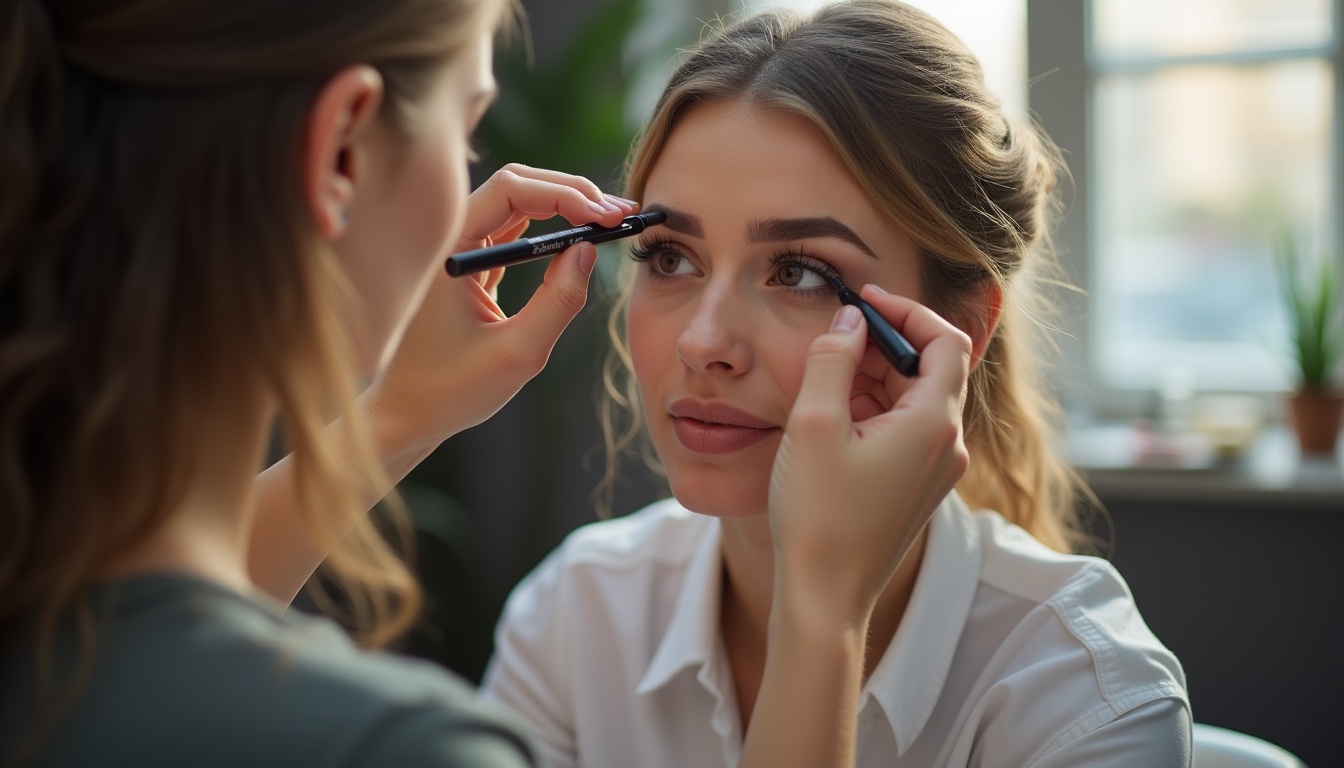 O tânără stilistă aplicând produse pe sprancenele unei cliente, reprezentând un curs sprancene de succes.