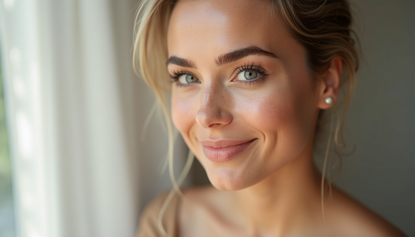 O femeie zâmbind, cu sprâncene perfect conturate după o procedură de microblading sau micropigmentare, într-un salon modern