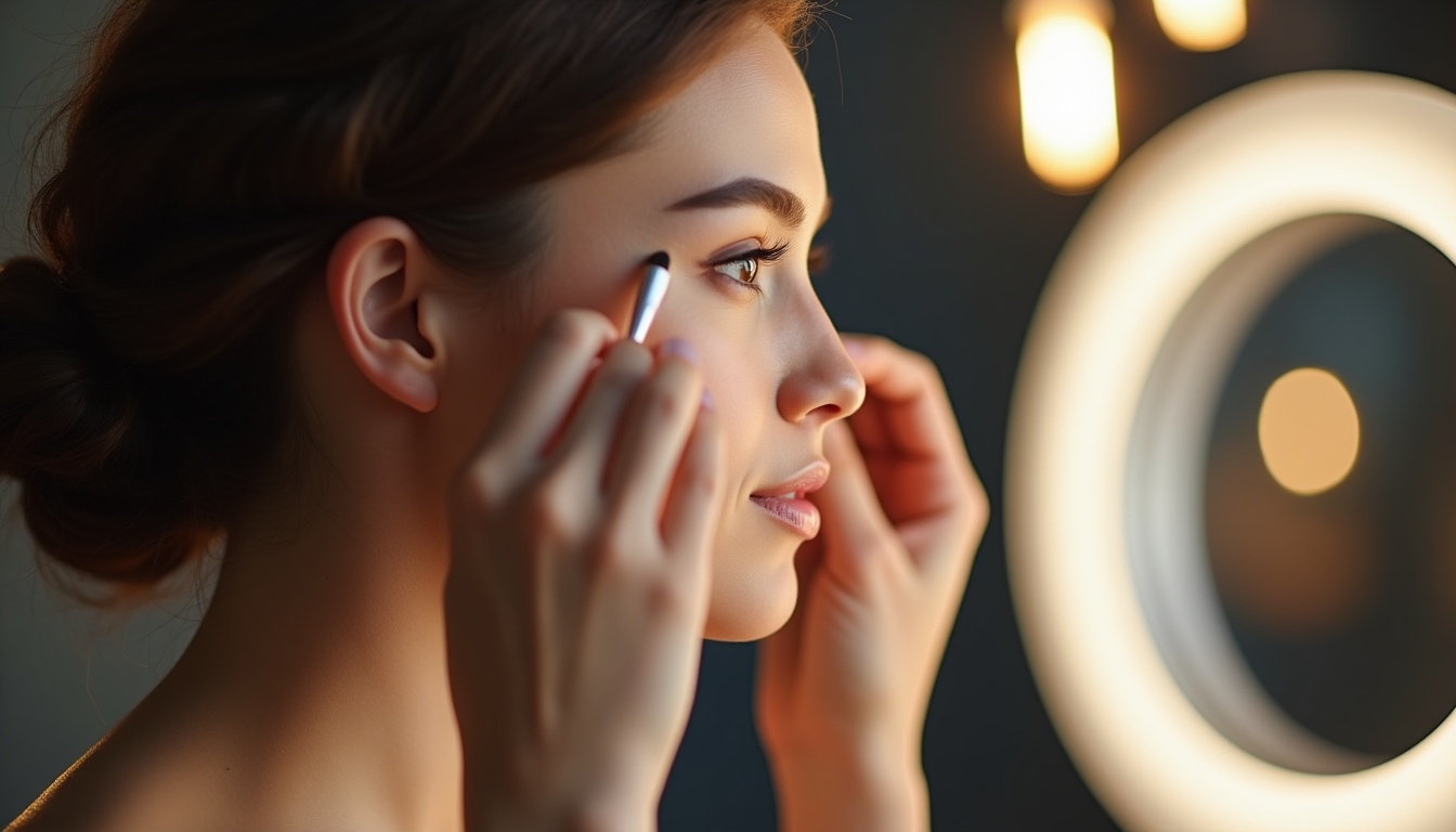 O femeie zâmbitoare cu sprâncene pudrate frumos definite și naturale, privind în oglindă.