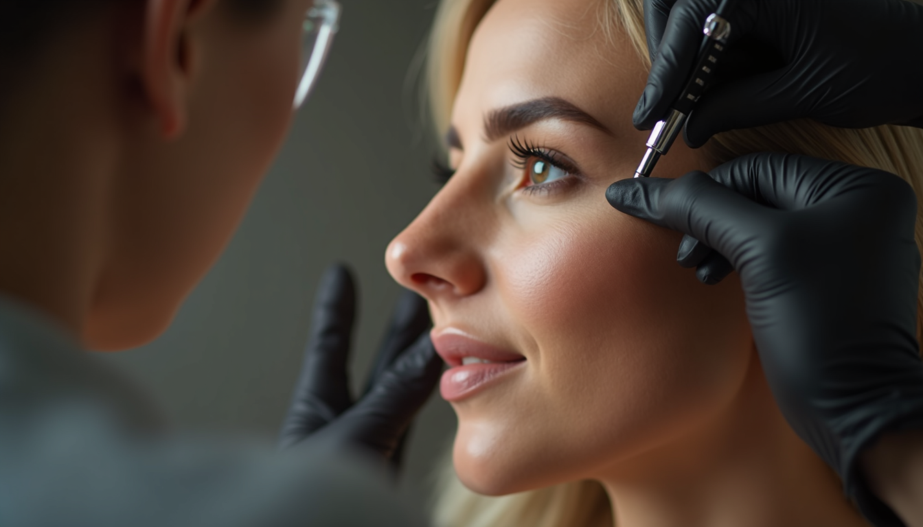 Femeie cu sprâncene tatuate perfect conturate, zâmbind, ilustrând un look impecabil